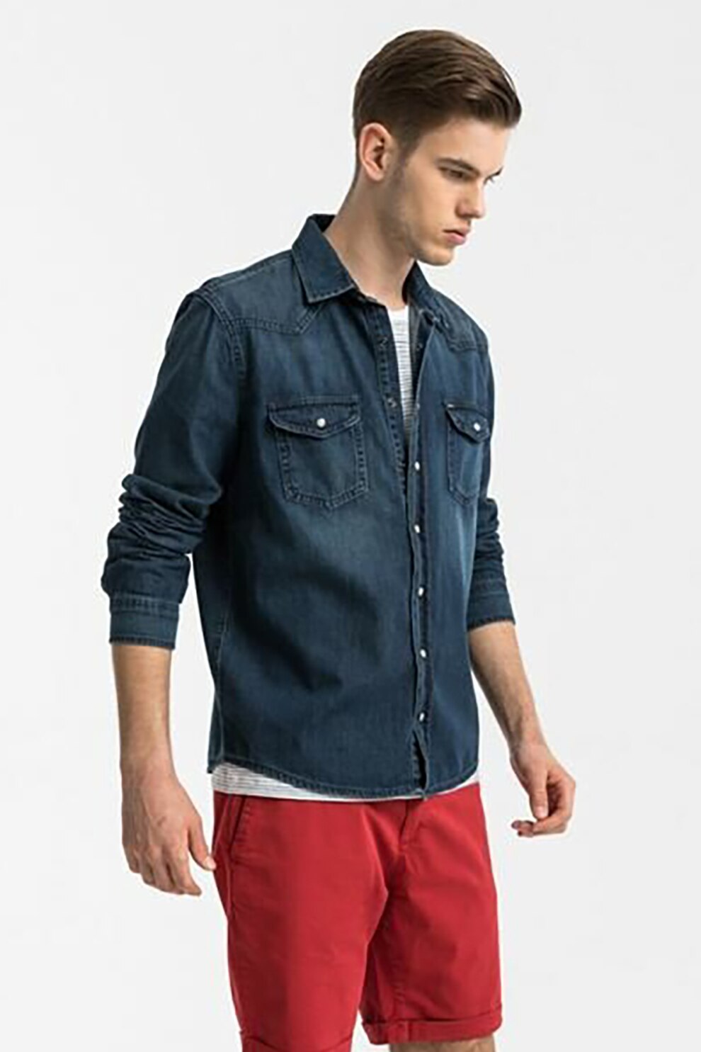 LTB, Camasa din denim cu inchidere cu capse, Bleumarin, S