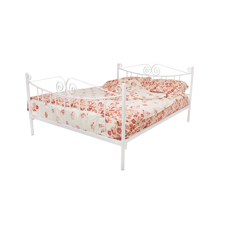 Pat metalic matrimonial AMALIA, dimensiune 160x200 cm, Alb, fara saltea