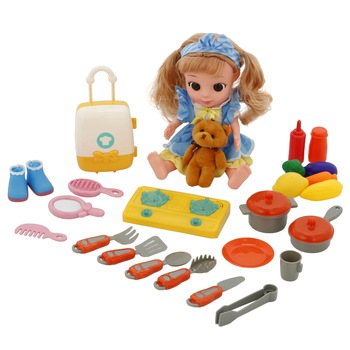 Set papusa M-Toys Sara cu functii, ursulet plus si accesorii bucatar, 35 cm Set papusa M-Toys Sara cu functii, ursulet plus si accesorii bucatar, 35 cm