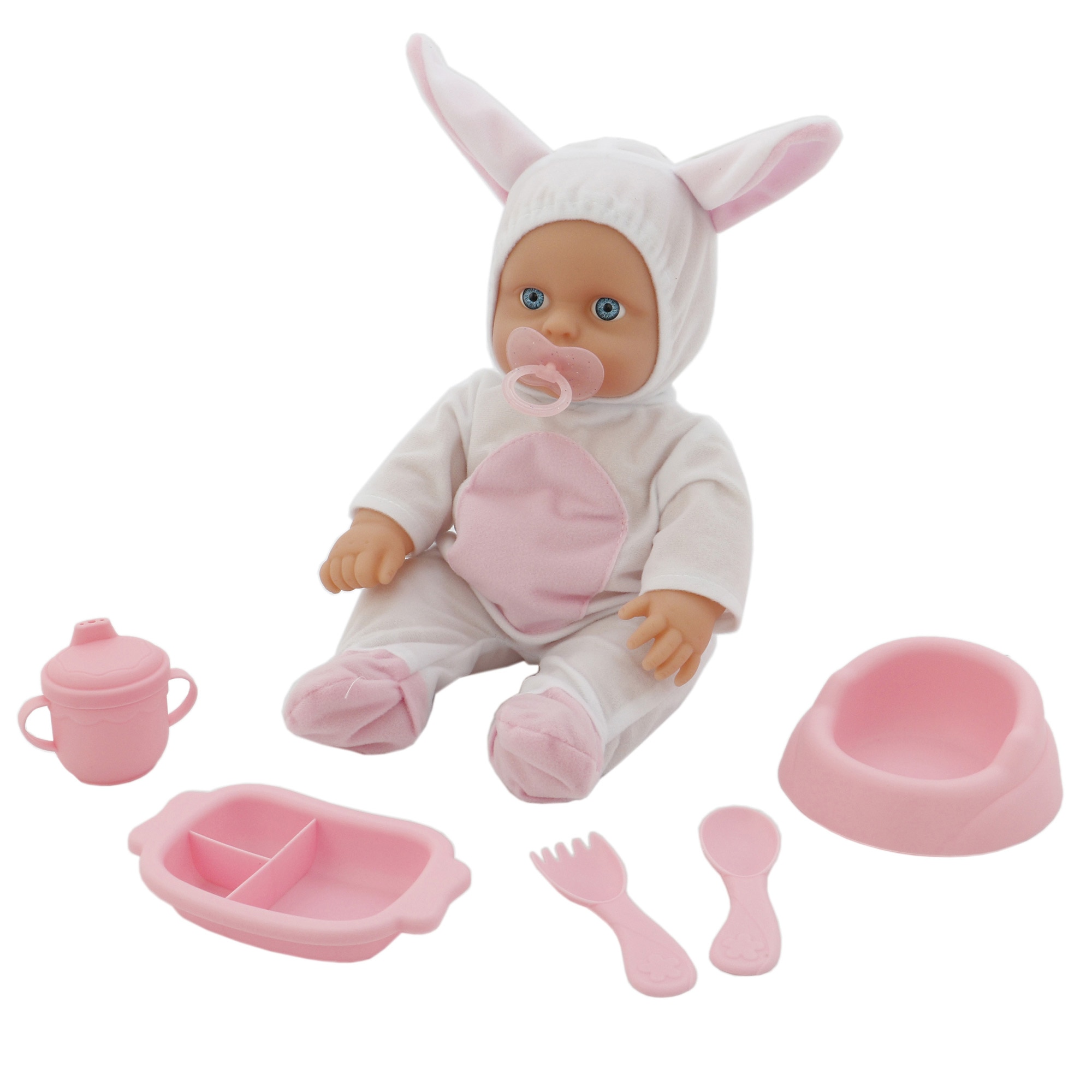 Set papusa bebelus M-Toys cu accesorii, alb/roz, 30 cm