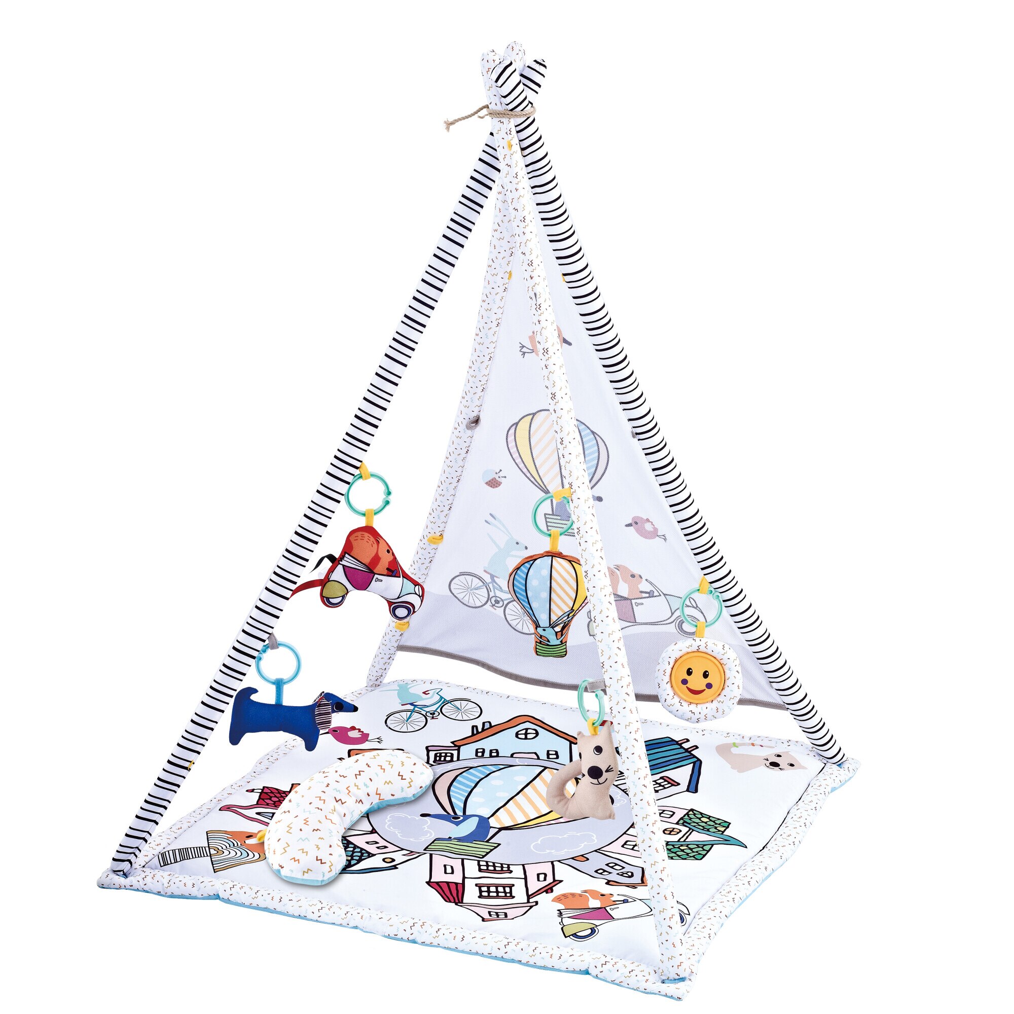 Saltea de joaca M-Toys - cort cu 20 mingi si 6 jucarii, gri