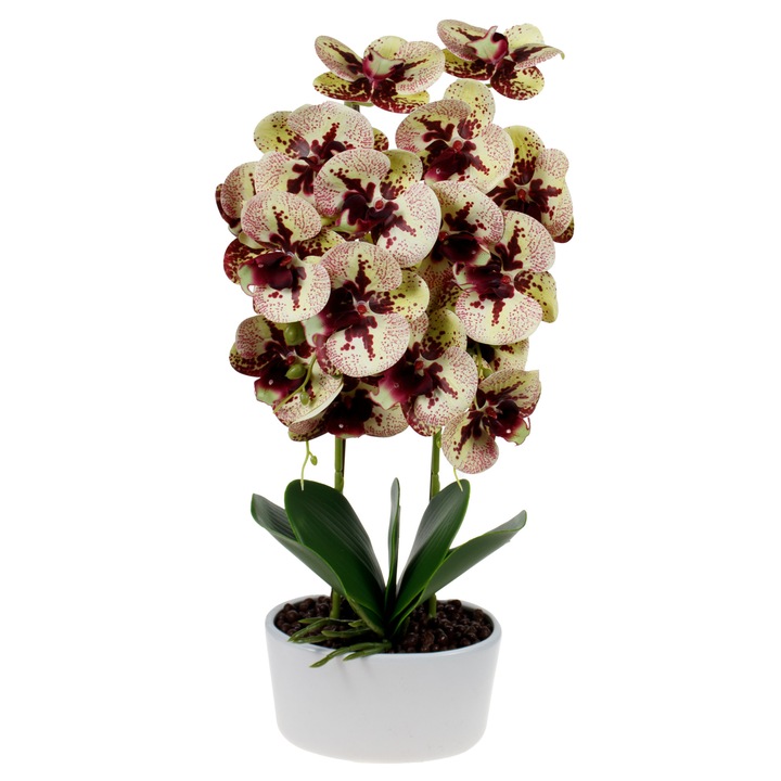 Love Orchideák, 3 szál, Természetes megjelenésű, Ovális cserépben, H 50 cm, CD4695, Fehér kerámia, Sárga-Vörös