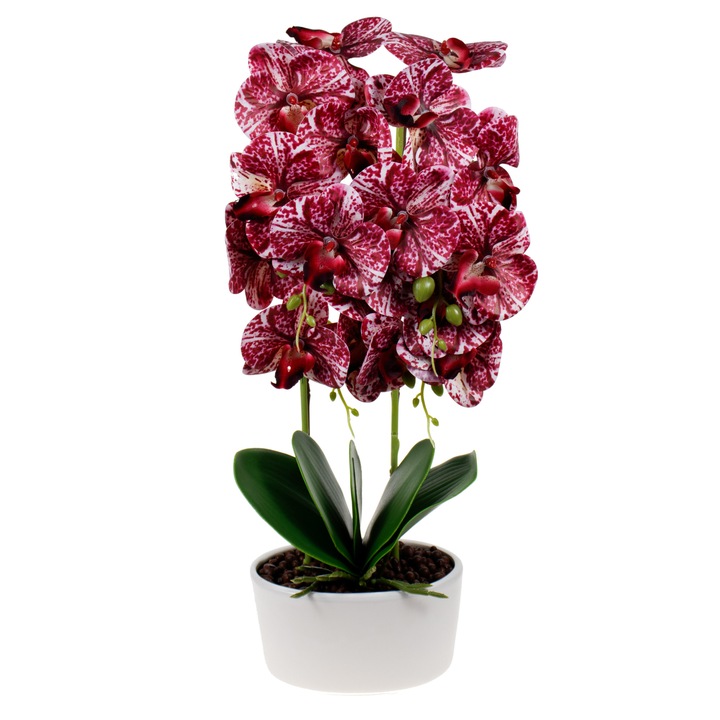 Orhidee 3 fire cu aspect natural in ghiveci oval ceramica alb, H 50 cm / CD4695_Rosu-Grena