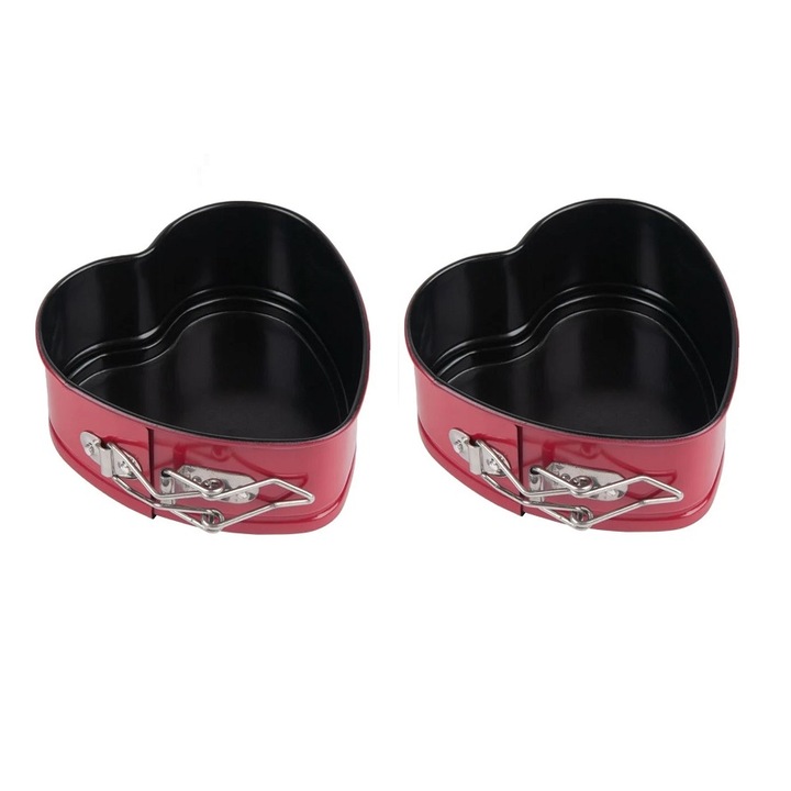 Set 2 Forme metalice antiadezive de copt pentru prajituri, forma de inima, rosu, 12x11x5 cm