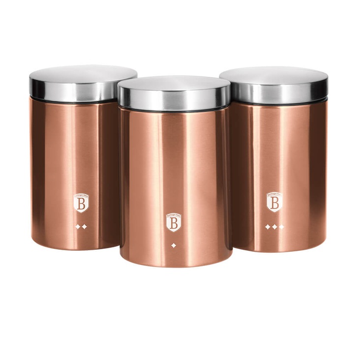 Set 3 recipiente pentru cafea, 1.9 l, ceai si zahar Rose Gold Metallic Collection Berlinger Haus BH 1605
