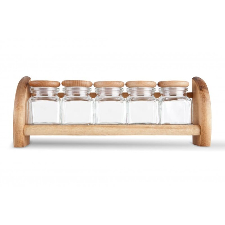 Suport cu 5 recipiente pentru condimente, Lemn / Sticla, Maro