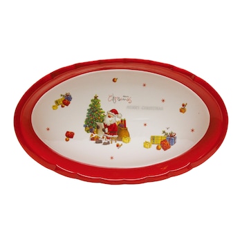 Platou HC8144B-H64, forma ovala, ceramica, rosu + alb, model Craciun, 28 x 17 cm Platou HC8144B-H64, forma ovala, ceramica, rosu + alb, model Craciun, 28 x 17 cm