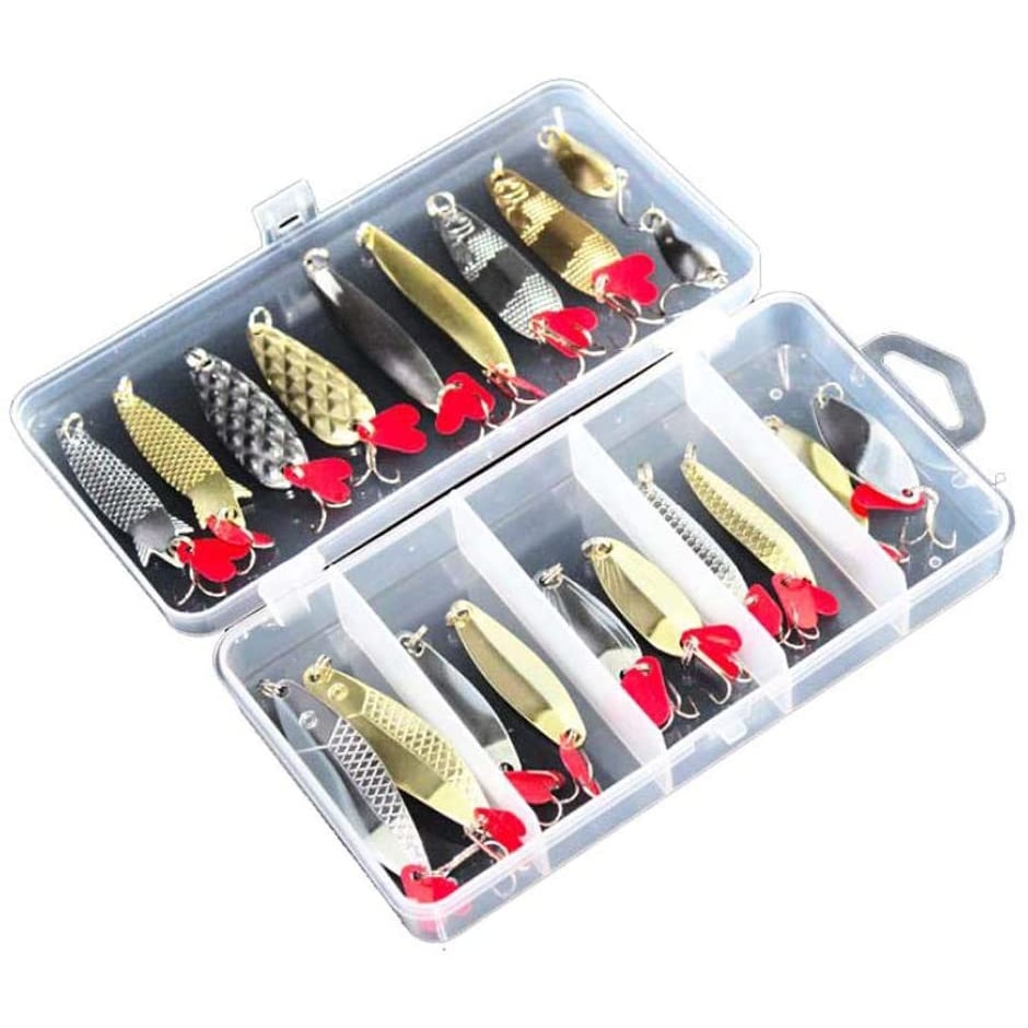 Set 20 lingurite oscilante din metal cu carlige pentru pesti rapitori, pentru apa dulce sau sarata ,cutie depozitare, multicolor