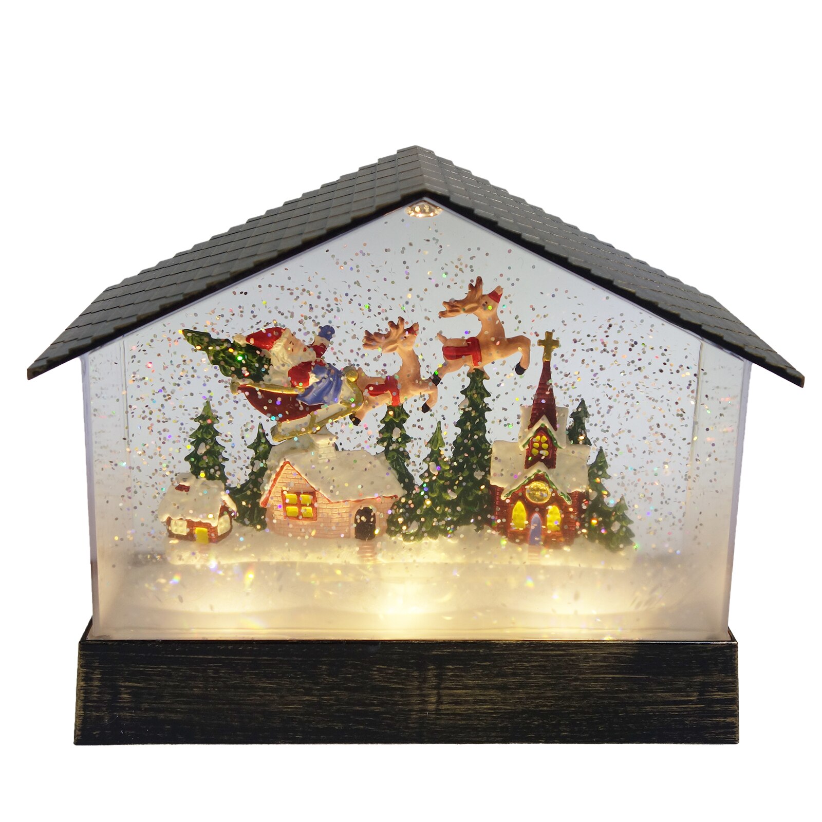 Decoratiune de Craciun in forma de Casuta, cu muzica, ninsoare, 18 cm, maro