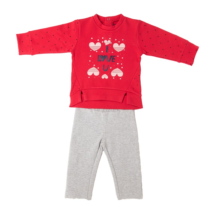 Set 2 piese fete, tricou maneca lunga cu imprimeu si colanti vatuiti, Babybol, rosu/gri