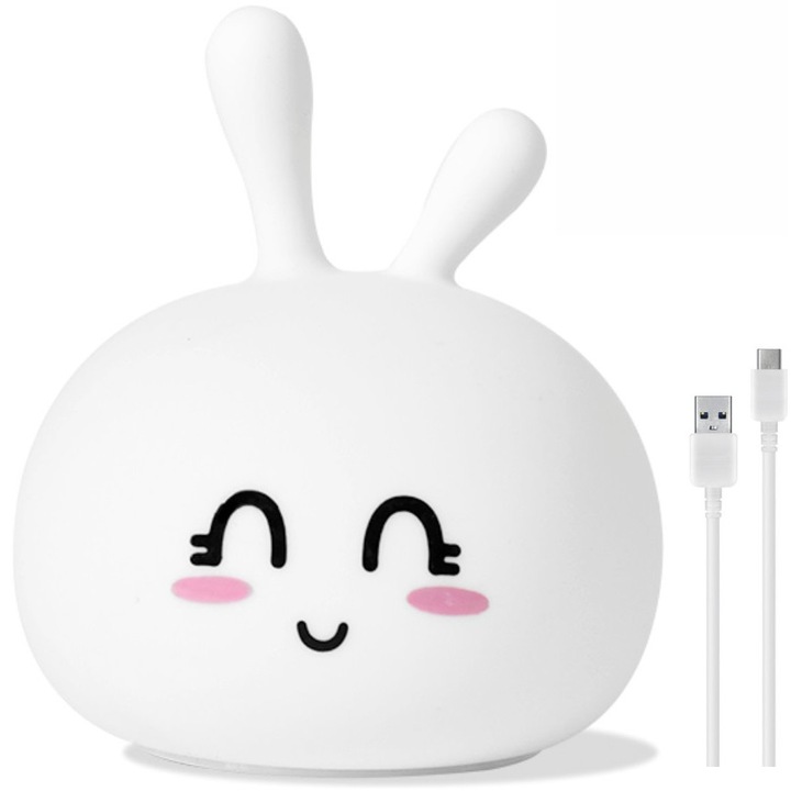 Lampa de veghe portabila cu 7 culori de LEDuri, silicon BPA-free, lavabila, reincarcabila USB, touch-control, Iepurasul Vesel