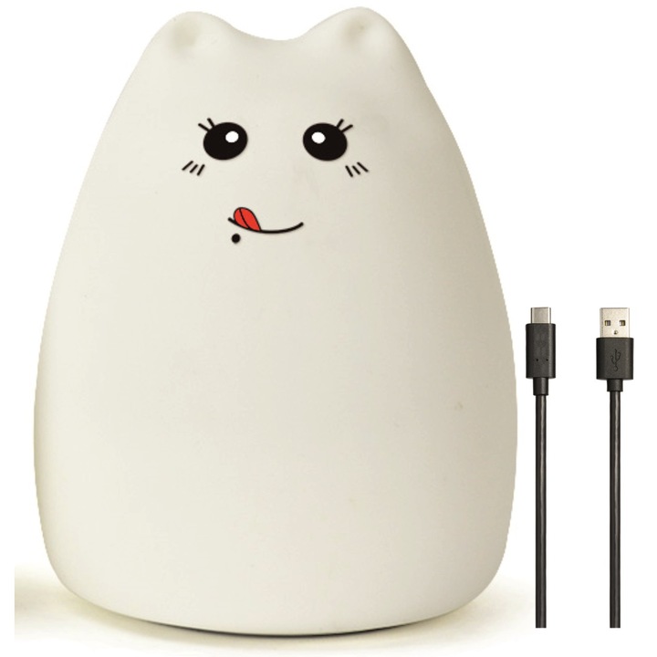 Lampa de veghe portabila cu 7 culori de LEDuri Ideas4Comfort, silicon BPA-free, USB, touch-control, lampa de noapte, Pisica Zambareata