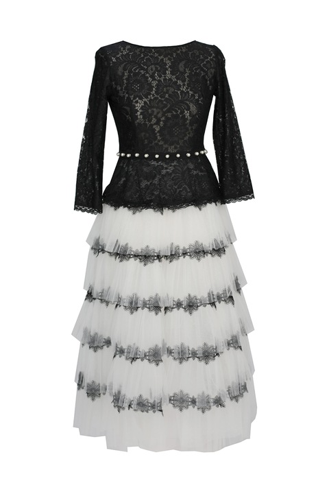 ambar studio, Rochie midi stratificata cu insertii de dantela Marie, Alb/Negru, M