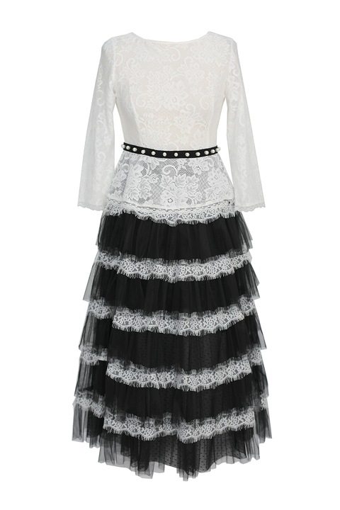 ambar studio, Marie többrétegű midiruha csipkebetétekkel, Fehér/Fekete, L
