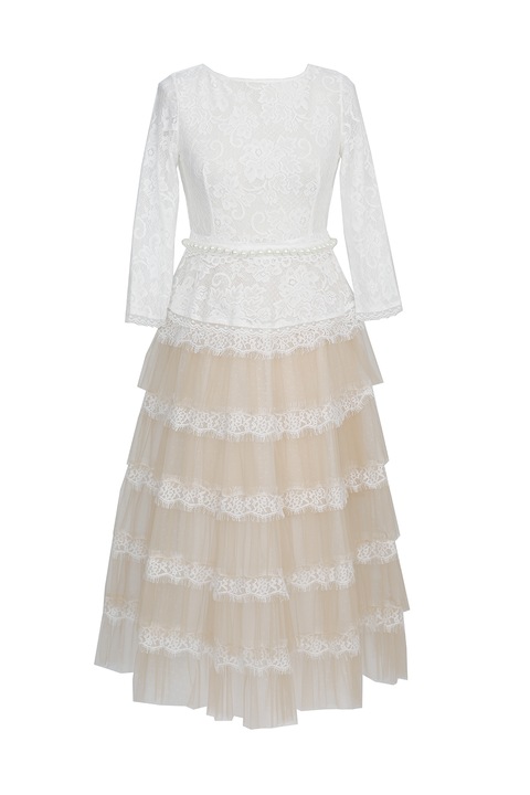 ambar studio, Marie többrétegű midiruha csipkebetétekkel, Fehér/Bézs