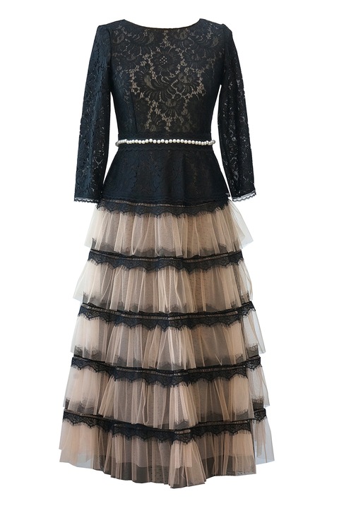 ambar studio, Marie többrétegű midiruha csipkebetétekkel, Fekete/Bézs