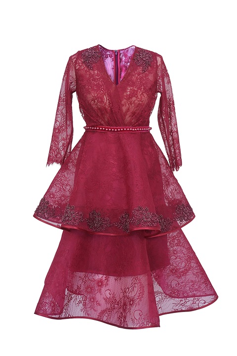 ambar studio, Rochie de dantela, stratificata, cu decolteu in V si margele Marlene, Visiniu