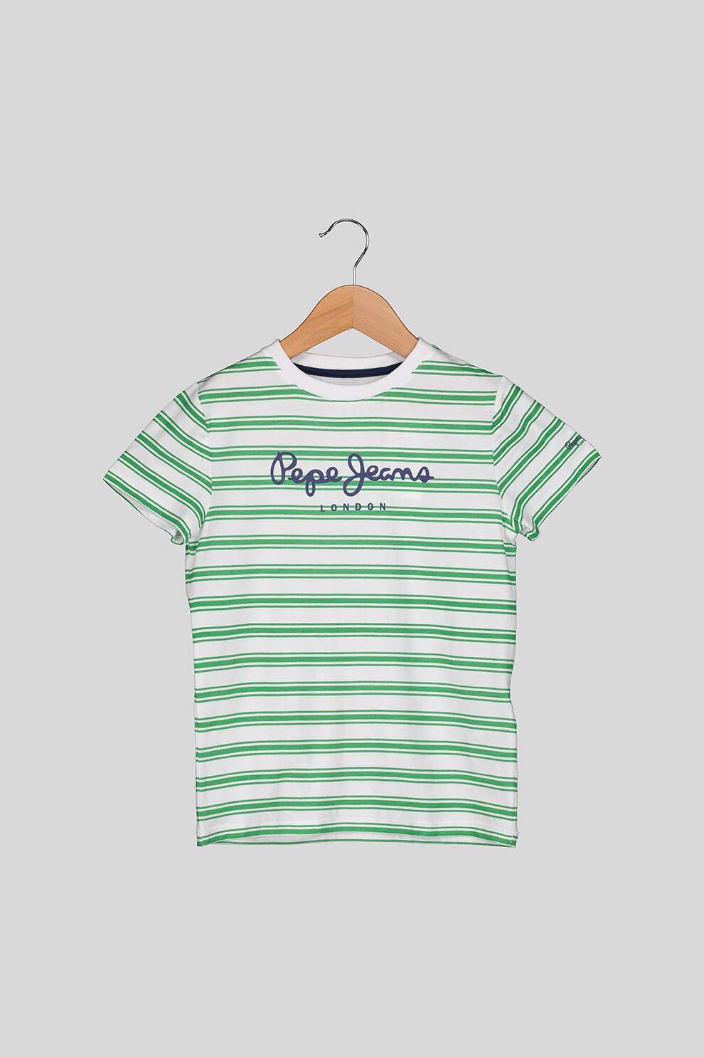 Pepe Jeans London, Tricou in dungi cu logo, Alb/verde