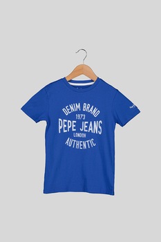 Pepe Jeans London, Tricou cu imprimeu logo si decolteu la baza gatului Jack, Albastru/Alb, 105 CM Pepe Jeans London, Tricou cu imprimeu logo si decolteu la baza gatului Jack, Albastru/Alb, 105 CM