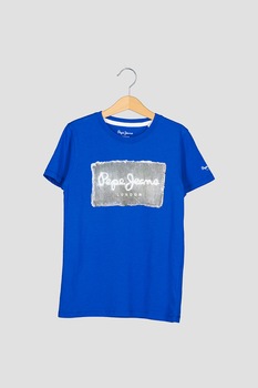 Pepe Jeans London, Tricou cu imprimeu logo, Albastru royal/Gri, 116 CM Pepe Jeans London, Tricou cu imprimeu logo, Albastru royal/Gri, 116 CM