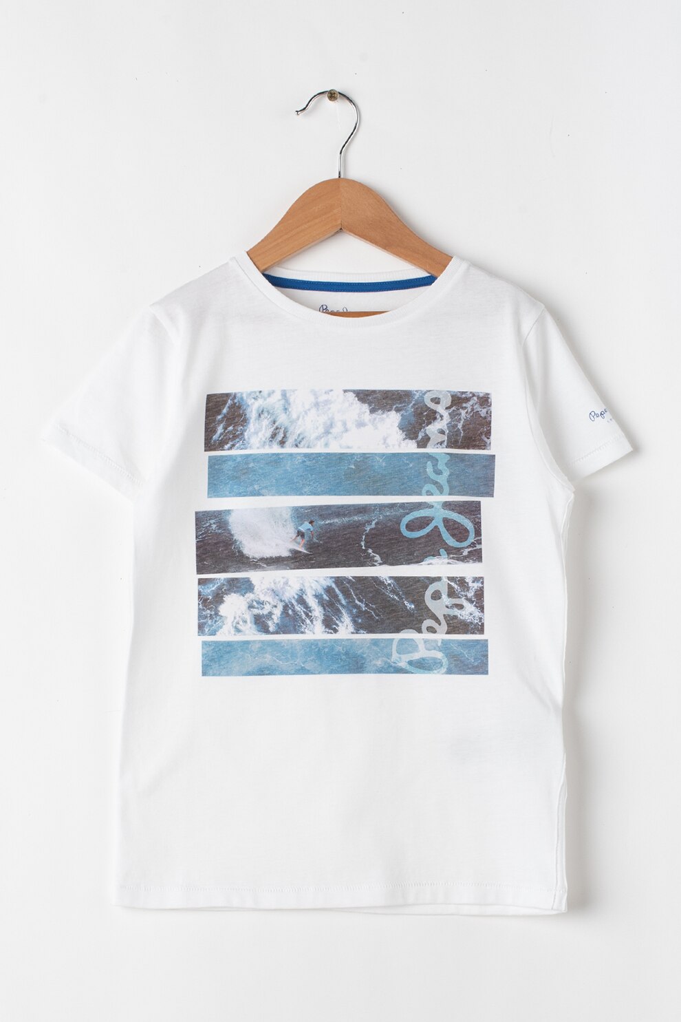 Pepe Jeans London, Tricou cu imprimeu foto Kelly, Alb/Bej deschis/Bleumarin