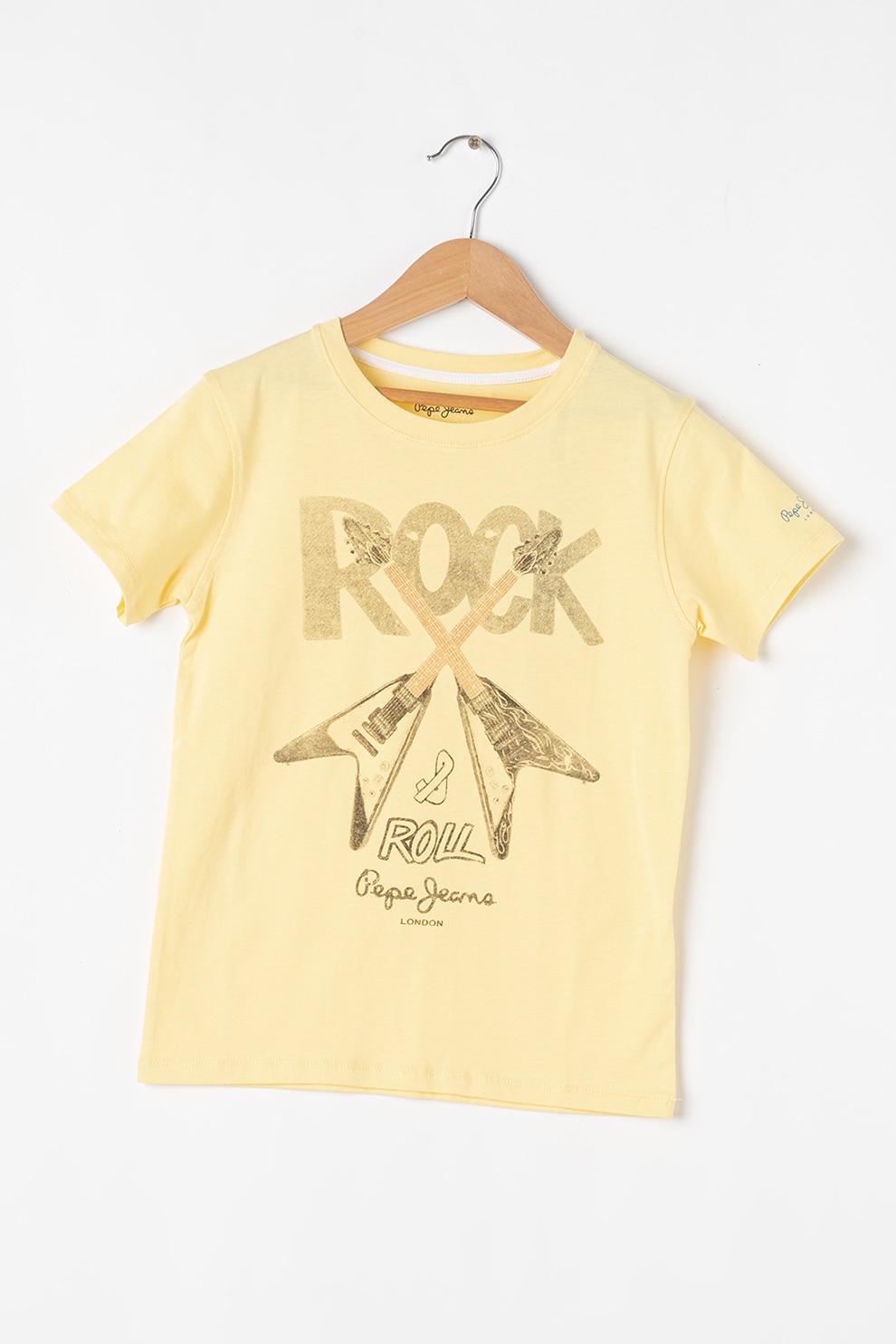Pepe Jeans London, Tricou cu decolteu la baza gatului si imprimeu Leonard, Galben/Negru stins