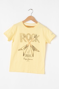 Pepe Jeans London, Tricou cu decolteu la baza gatului si imprimeu Leonard, Galben/Negru stins Pepe Jeans London, Tricou cu decolteu la baza gatului si imprimeu Leonard, Galben/Negru stins