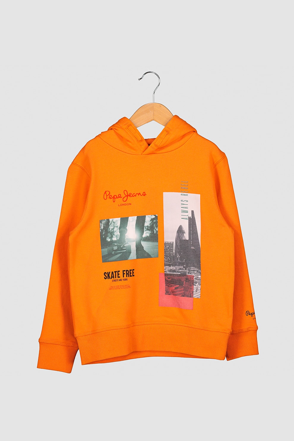 Pepe Jeans London, Hanorac cu maneci lungi si imprimeu foto, 176 CM, Oranj mandarina/Negru stins/Rosu