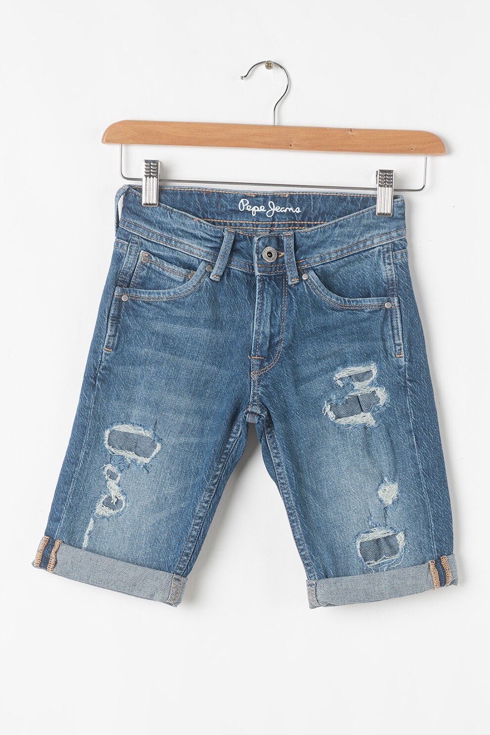 Pepe Jeans London, Bermude din denim cu aspect deteriorat Cashed, Albastru inchis, 188 CM