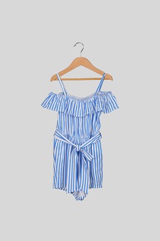 Pepe Jeans London, Salopeta in dungi cu un cordon in talie Lili, Alb/Albastru Pepe Jeans London, Salopeta in dungi cu un cordon in talie Lili, Alb/Albastru