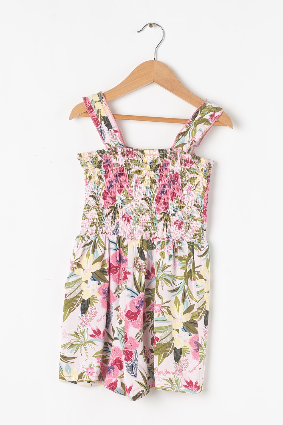 Pepe Jeans London, Salopeta scurta cu imprimeu tropical Raquel, Roz/Verde/Galben