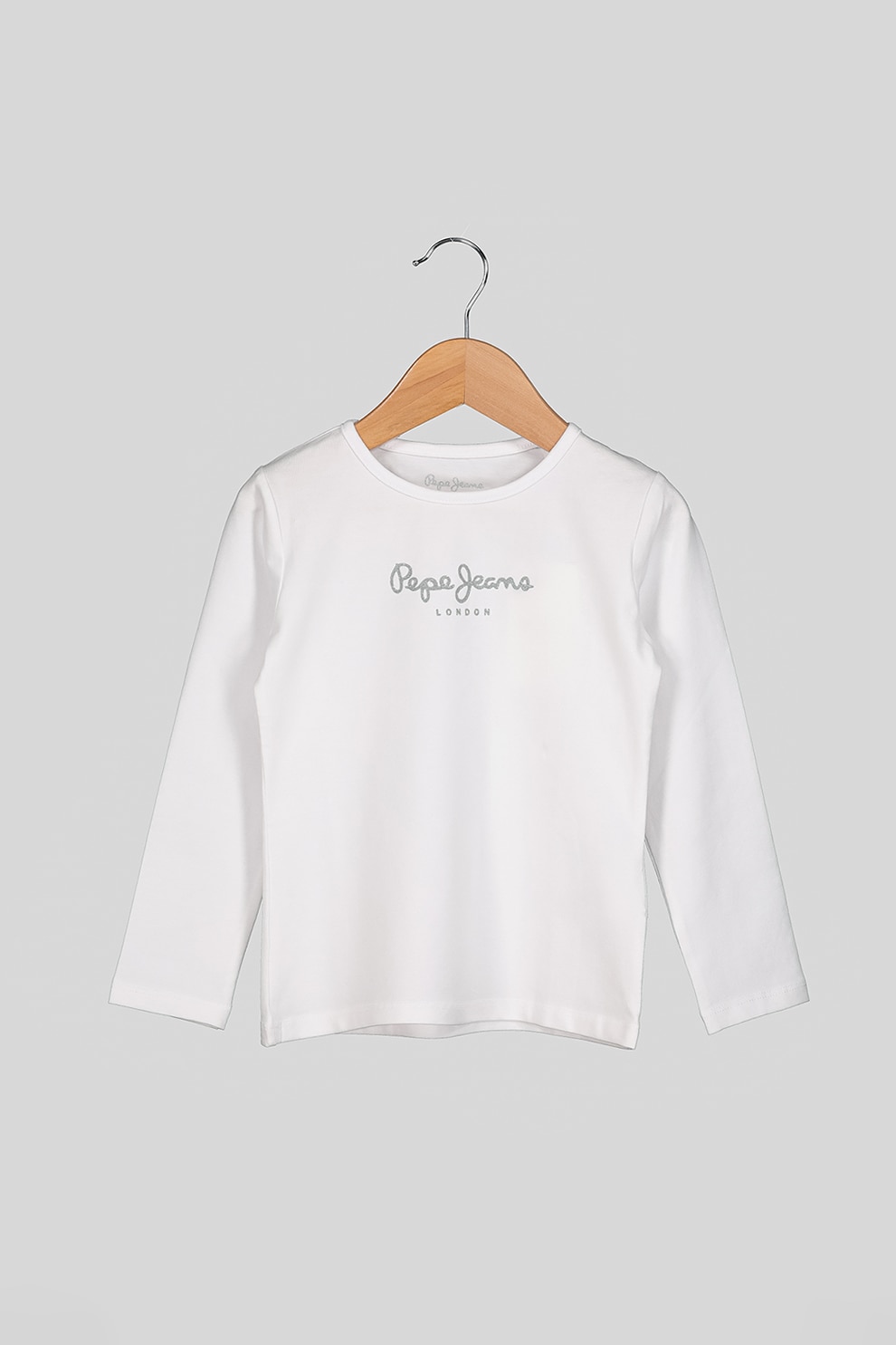 Pepe Jeans London, Bluza cu maneci lungi si logo stralucitor Hana, Alb optic/Argintiu