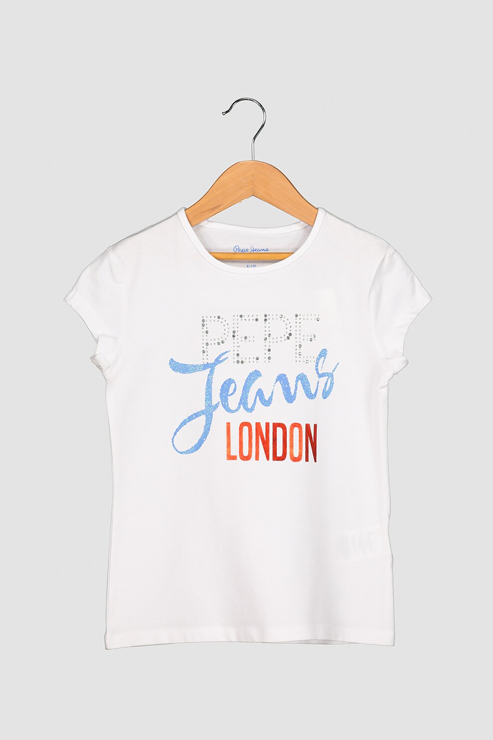 Pepe Jeans London, Tricou cu decolteu la baza gatului si strasuri Katia, Alb optic/rosu vermilion/albastru lavanda