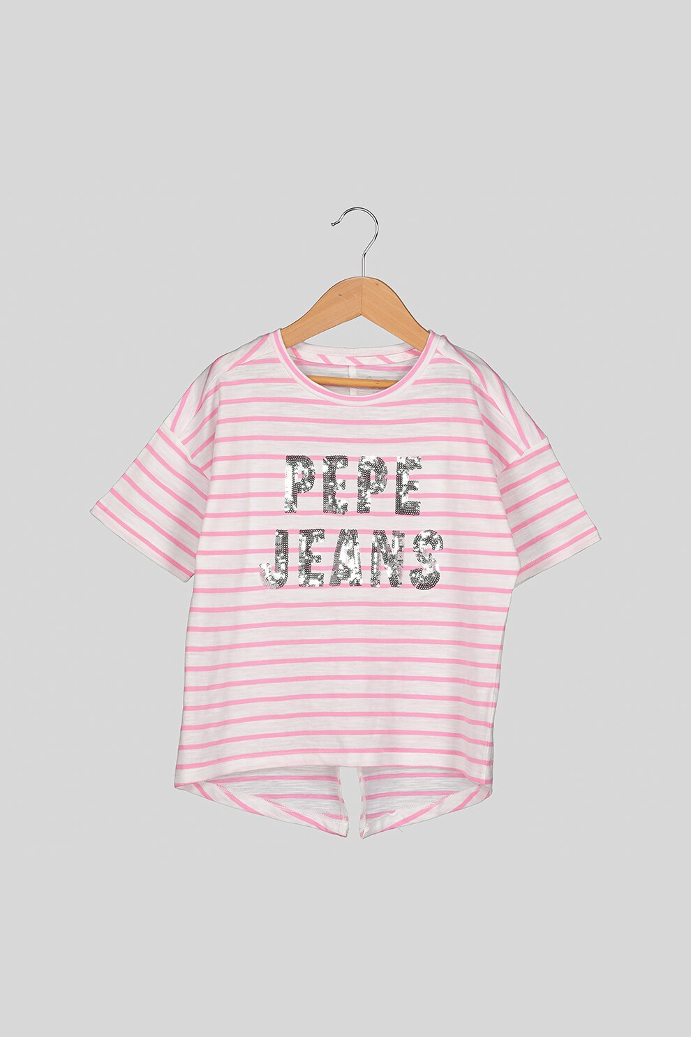 Pepe Jeans London, Tricou in dungi cu logo din paiete Nieves, Alb/Roz