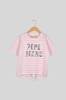 Pepe Jeans London, Tricou in dungi cu logo din paiete Nieves, Alb/Roz Pepe Jeans London, Tricou in dungi cu logo din paiete Nieves, Alb/Roz