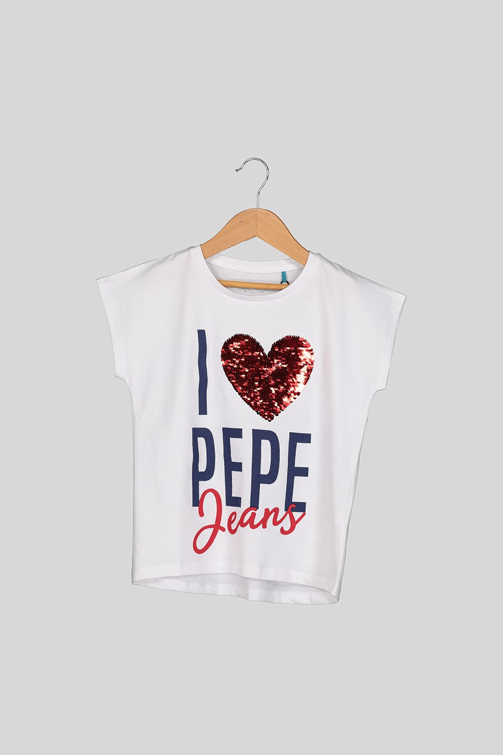 Pepe Jeans London, Tricou cu aplicatie cu paiete reversibile Maca, Alb/Albastru/Rosu