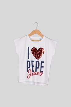 Pepe Jeans London, Tricou cu aplicatie cu paiete reversibile Maca, Alb/Albastru/Rosu Pepe Jeans London, Tricou cu aplicatie cu paiete reversibile Maca, Alb/Albastru/Rosu