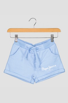 Pepe Jeans London, Pantaloni scurti cu imprimeu logo si snur, Albastru lavanda/Alb Pepe Jeans London, Pantaloni scurti cu imprimeu logo si snur, Albastru lavanda/Alb