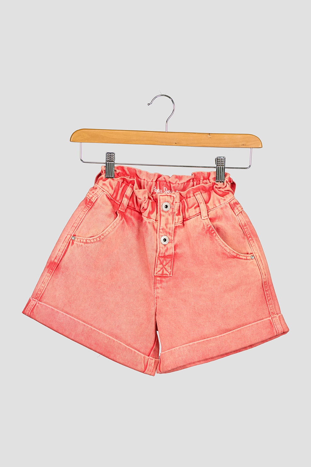 Pepe Jeans London, Pantaloni scurti de denim cu talie inalta, Corai