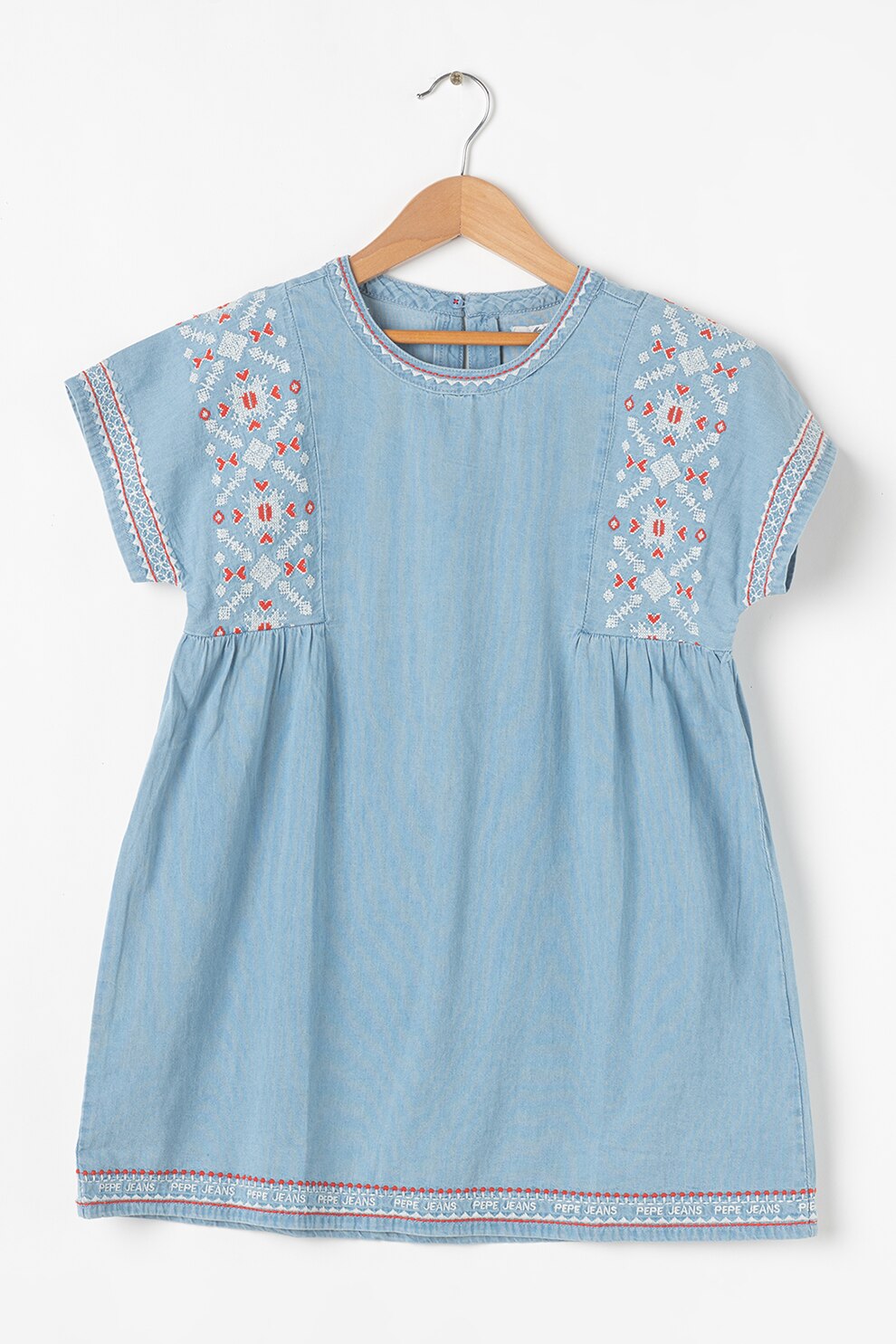 Pepe Jeans London, Rochie din material chambray cu croiala in A, Albastru prafuit/Alb/Rosu