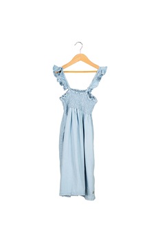 Pepe Jeans London, Rochie evazata din tencel, fara maneci, Albastru azur Pepe Jeans London, Rochie evazata din tencel, fara maneci, Albastru azur