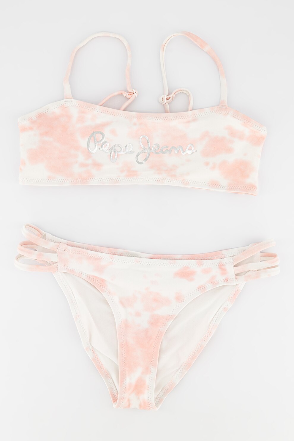 Pepe Jeans London, Costum de baie cu model tie-dye Laila, Roz pastel/Alb/Argintiu, 105 CM