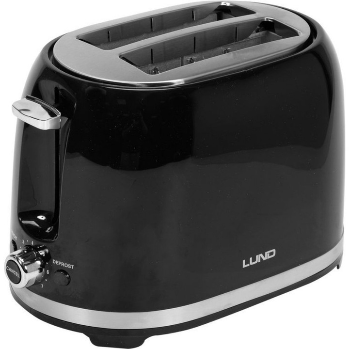 Тостер Lund, 700 - 850 W, 7 степени, 2 филии, Функция за размразяване и претопляне, Черен
