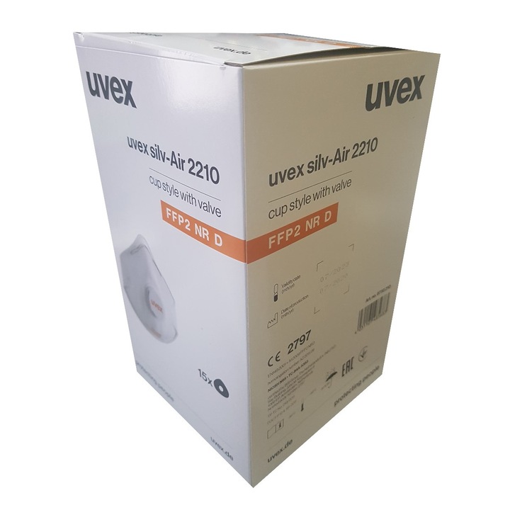 Set 15 bucati Masca de protectie cu supapa UVEX Silv-Air 2210, FFP2 NR D, alb