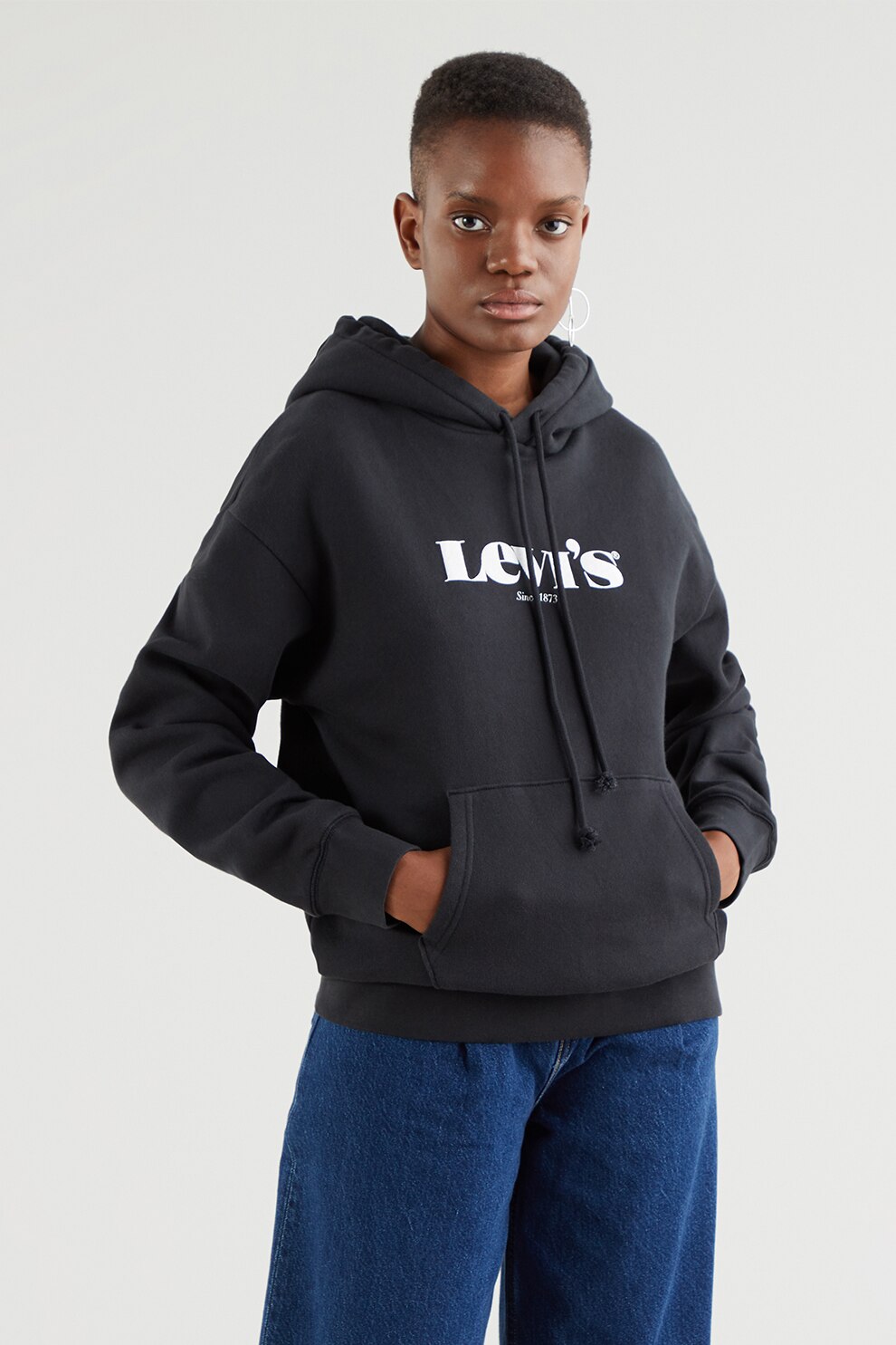 Levi's, Hanorac cu buzunar kangaroo si snur, Negru/Alb