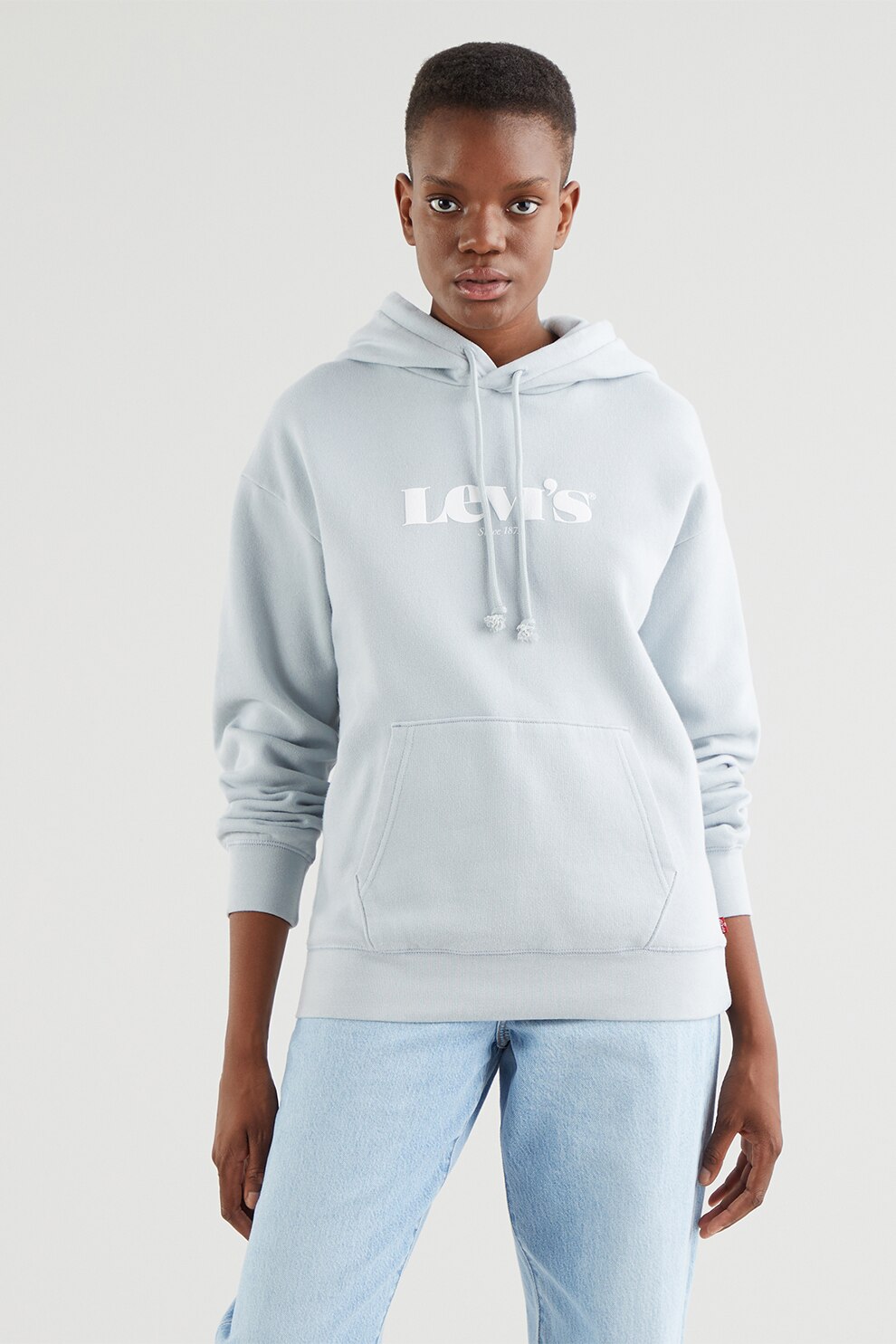 Levi's, Hanorac cu buzunar kangaroo si snur, Albastru pastel/Alb