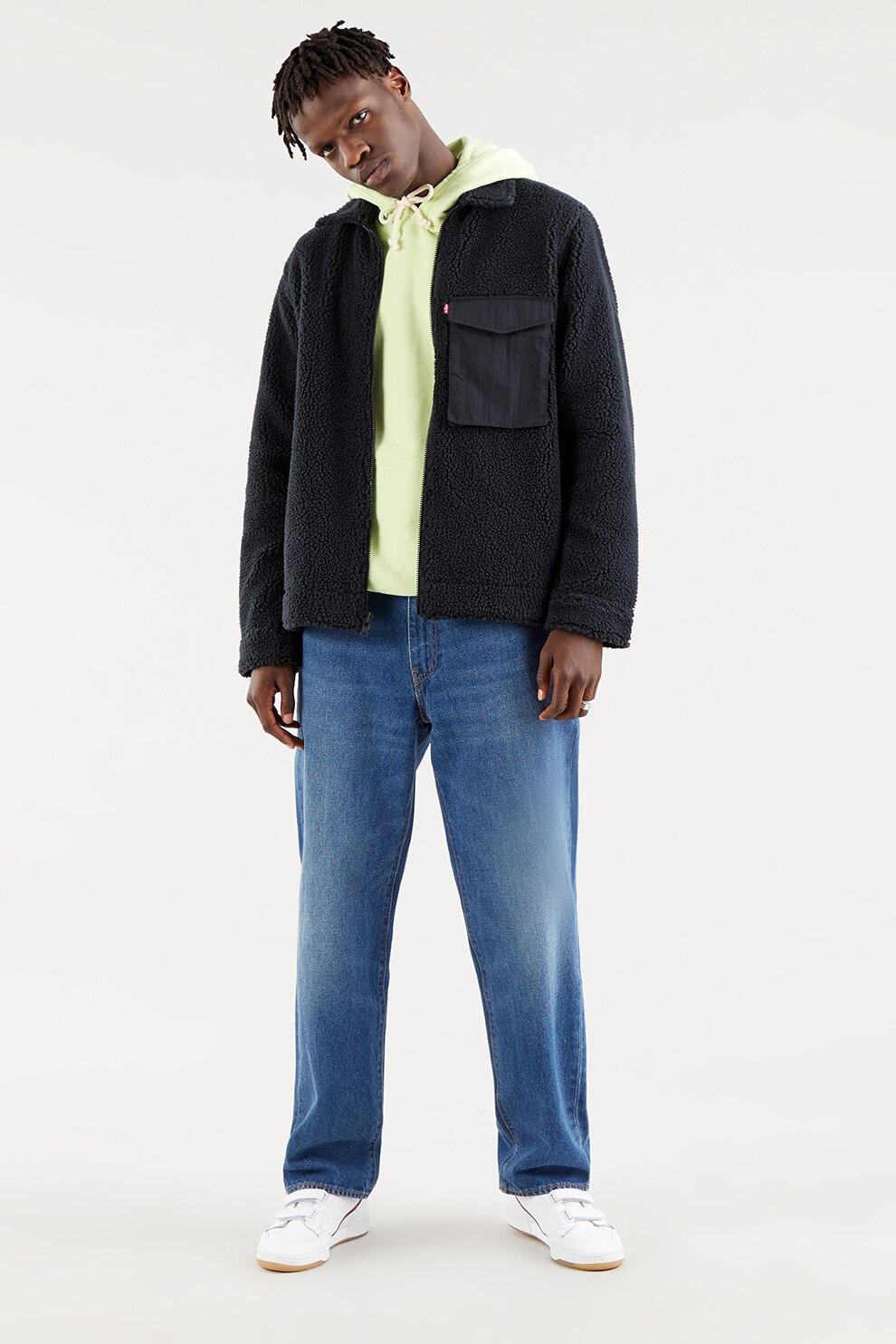 Levi's, Jacheta din blana shearling sintetica cu buzunar pe piept, Bleumarin