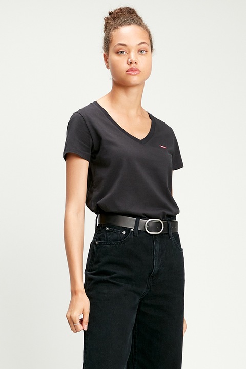 Levi's, Tricou din bumbac cu decolteu in V, Negru, L