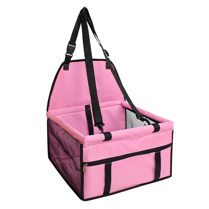 Cos pentru transportat catei si pisici in masina, Aexya, Roz, 40 x 34 x 44 cm