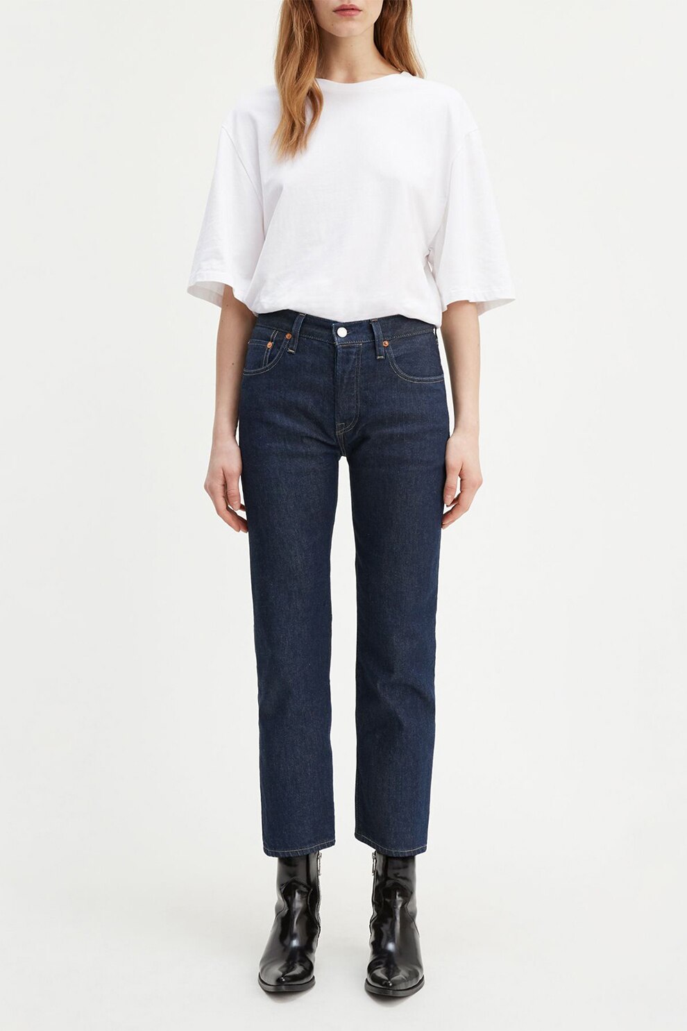 Levi's, Blugi crop cu croiala dreapta si talie inalta 501®, bleumarin inchis, alb